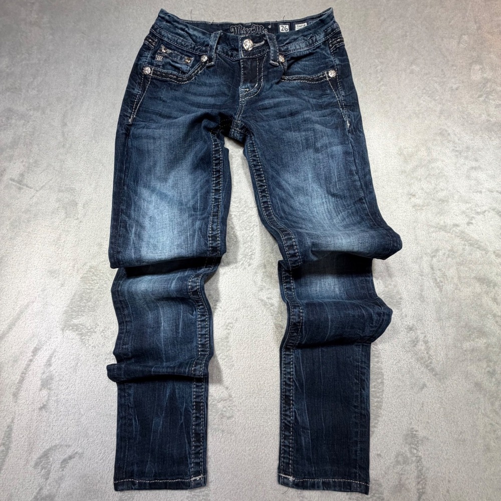 Miss‎ Me Signature Skinny Jeans 26 Dark Wash Embellished Bling Y2K 2010s Denim - Picture 2 of 8